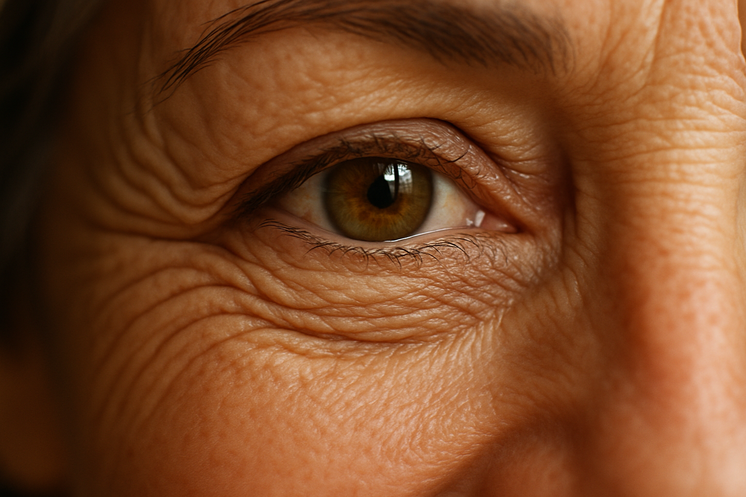 create an image of a woman eye with a little bit of wrinkles in the side of her eye, smiling a little bit but you cant see her smile, only zoom in on her eye. make it very realistic