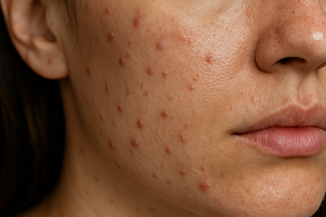 create an image of womans face with a little bit of pimples. make it very realistic and very zoom in on the pimples area