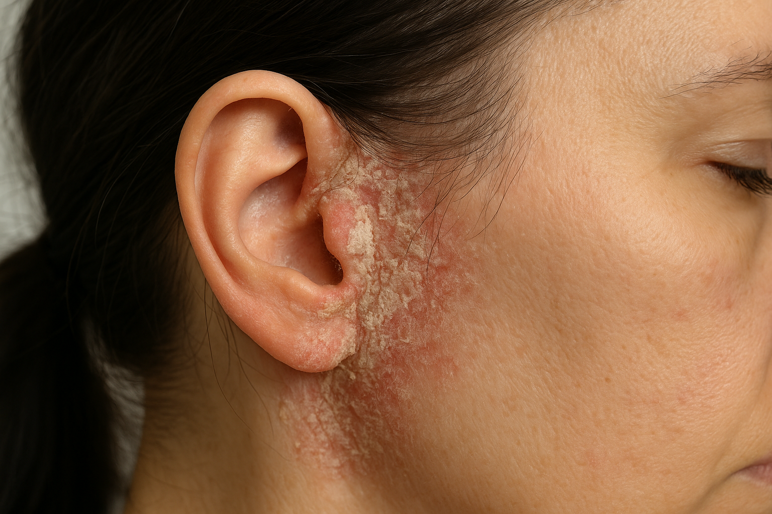 make an image of a womans face with Seborrhea near her ear. zoom in and focus on her ear. make it very realistic