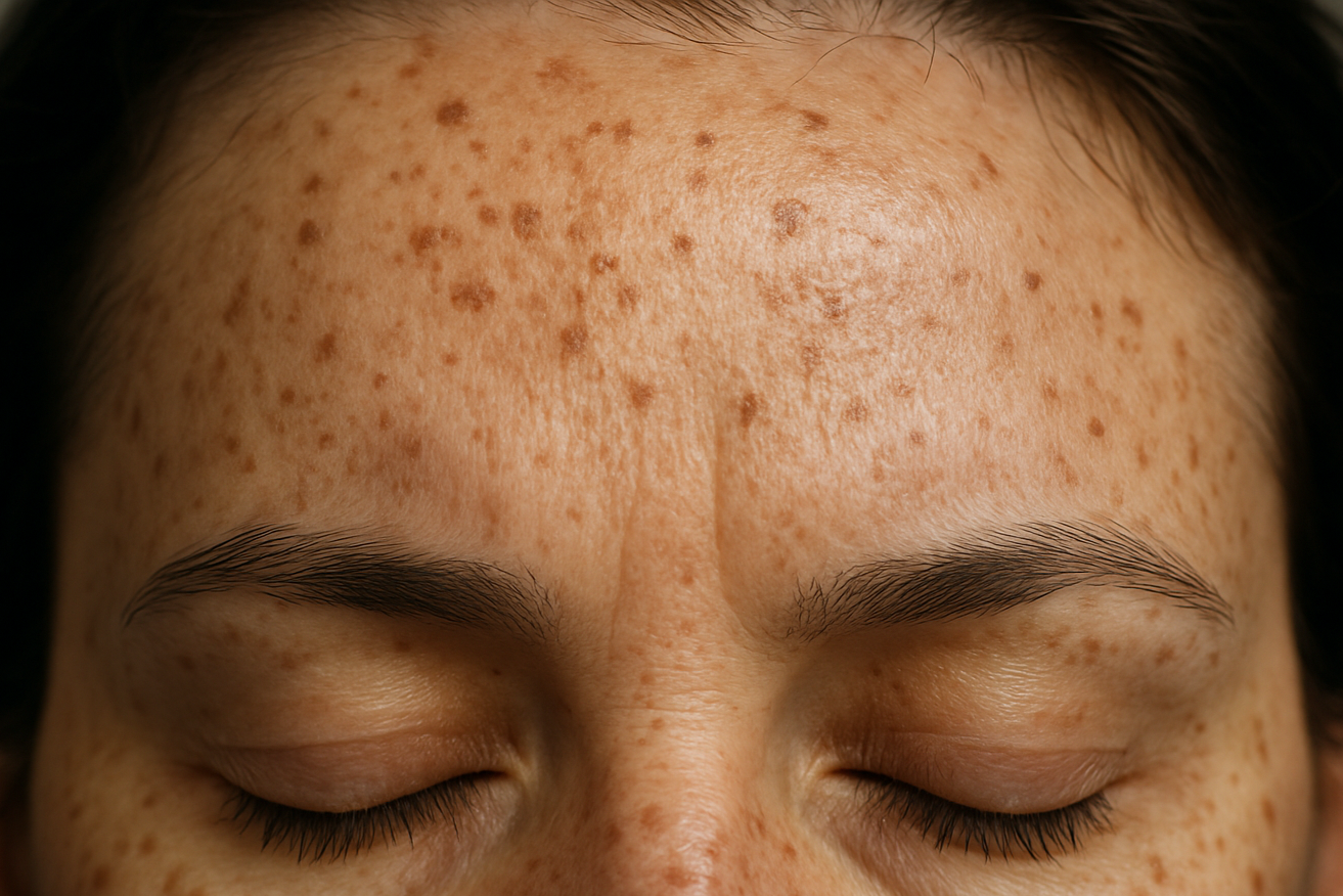 make an image of a womans forehead with a little bit of dark spots and pigmentation. zoom in on her forhead. make it very realistic